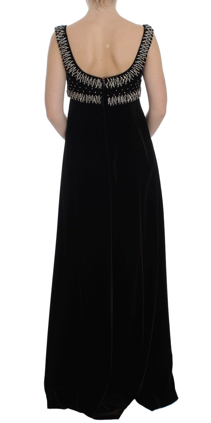 Robe de soirée en velours marron Dolce & Gabbana avec cristaux, coupe ajustée et élégante, vue de face.