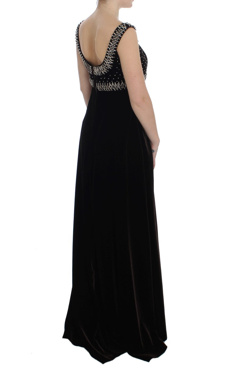 Robe en velours marron Dolce & Gabbana avec cristaux, coupe ajustée, style élégant pour soirée ou occasion spéciale.