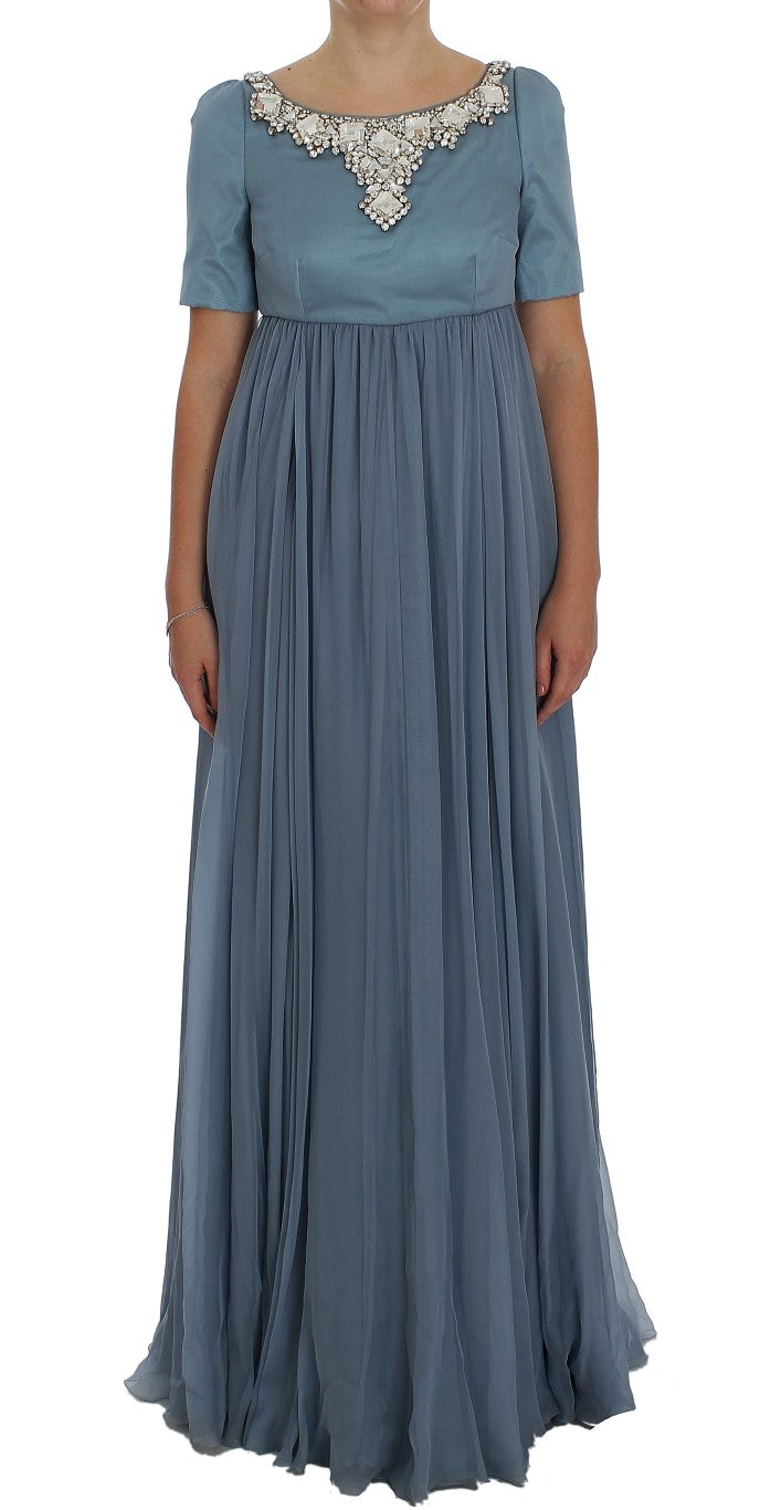 Robe de soirée en soie bleue Dolce & Gabbana avec cristaux, coupe ajustée et élégante pour occasions formelles.