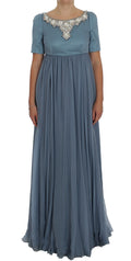 Robe de soirée en soie bleue Dolce & Gabbana avec cristaux, coupe ajustée et élégante pour occasions formelles.