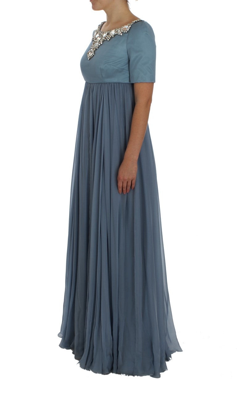 Robe de soirée en soie bleue Dolce & Gabbana avec cristaux, coupe ajustée, idéale pour les événements élégants.