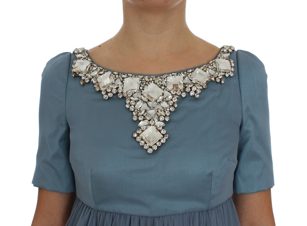 Robe de soirée en soie bleue Dolce & Gabbana avec cristaux, coupe ajustée, élégante robe de bal pour occasion spéciale.