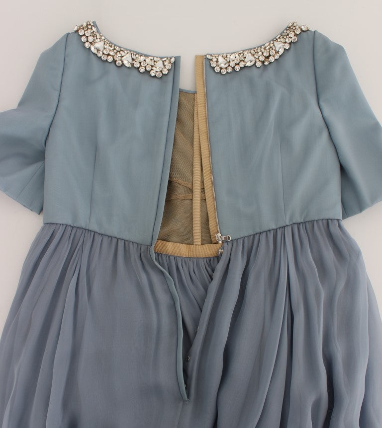 Robe de soirée en soie bleue Dolce & Gabbana ornée de cristaux, coupe cintrée et élégante pour occasion spéciale.