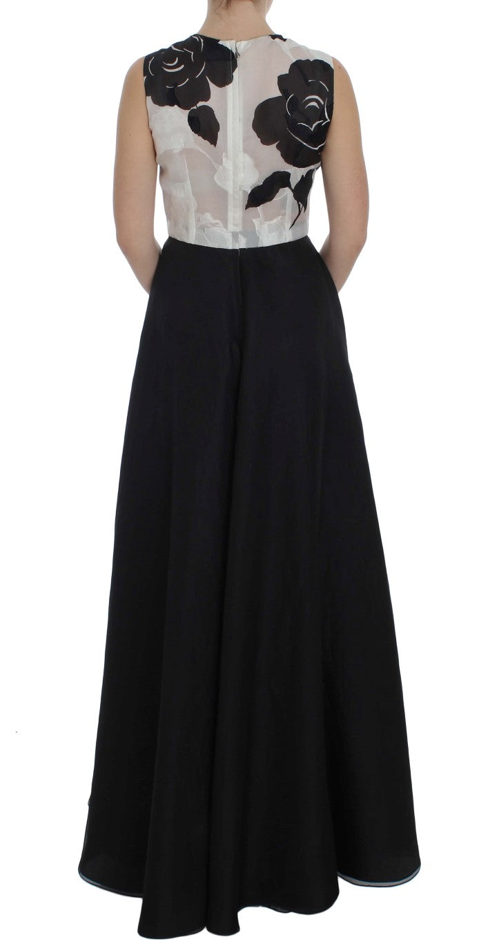 Robe longue en soie noire et blanche à motifs floraux de Dolce & Gabbana, robe droite élégante et sophistiquée.