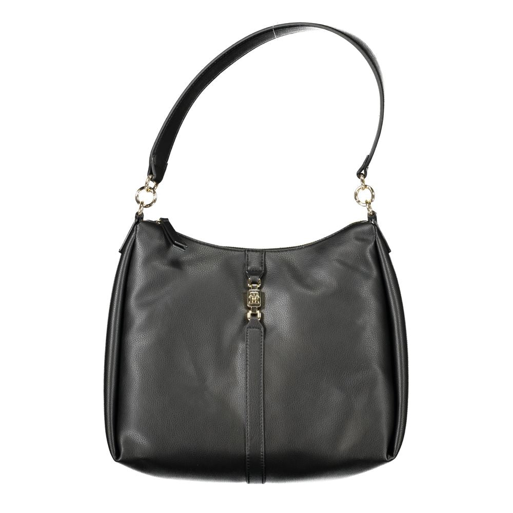 Sac à bandoulière pour femmes Tommy Hilfiger en polyester noir, avec détails élégants et logo visible.