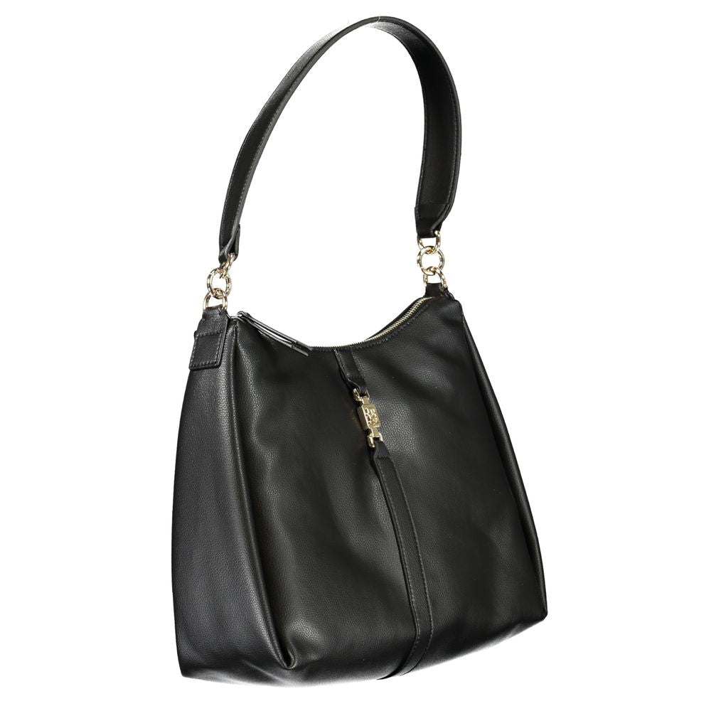 Sac à bandoulière en polyester noir Tommy Hilfiger pour femmes, avec détails élégants et logo de la marque visible.