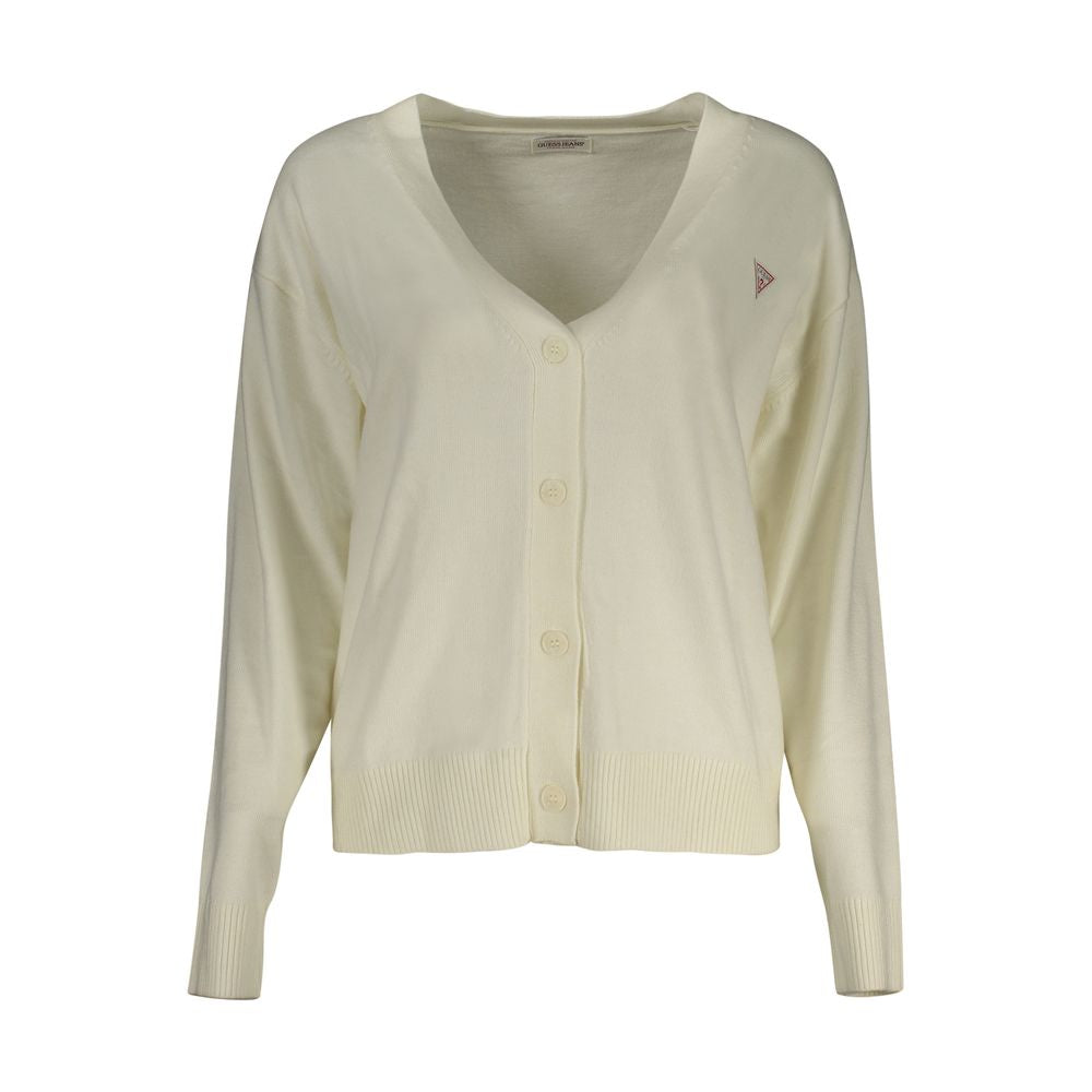Cardigan blanc en polyester pour femmes de Guess Jeans, vêtement léger et élégant avec boutons et manches longues.
