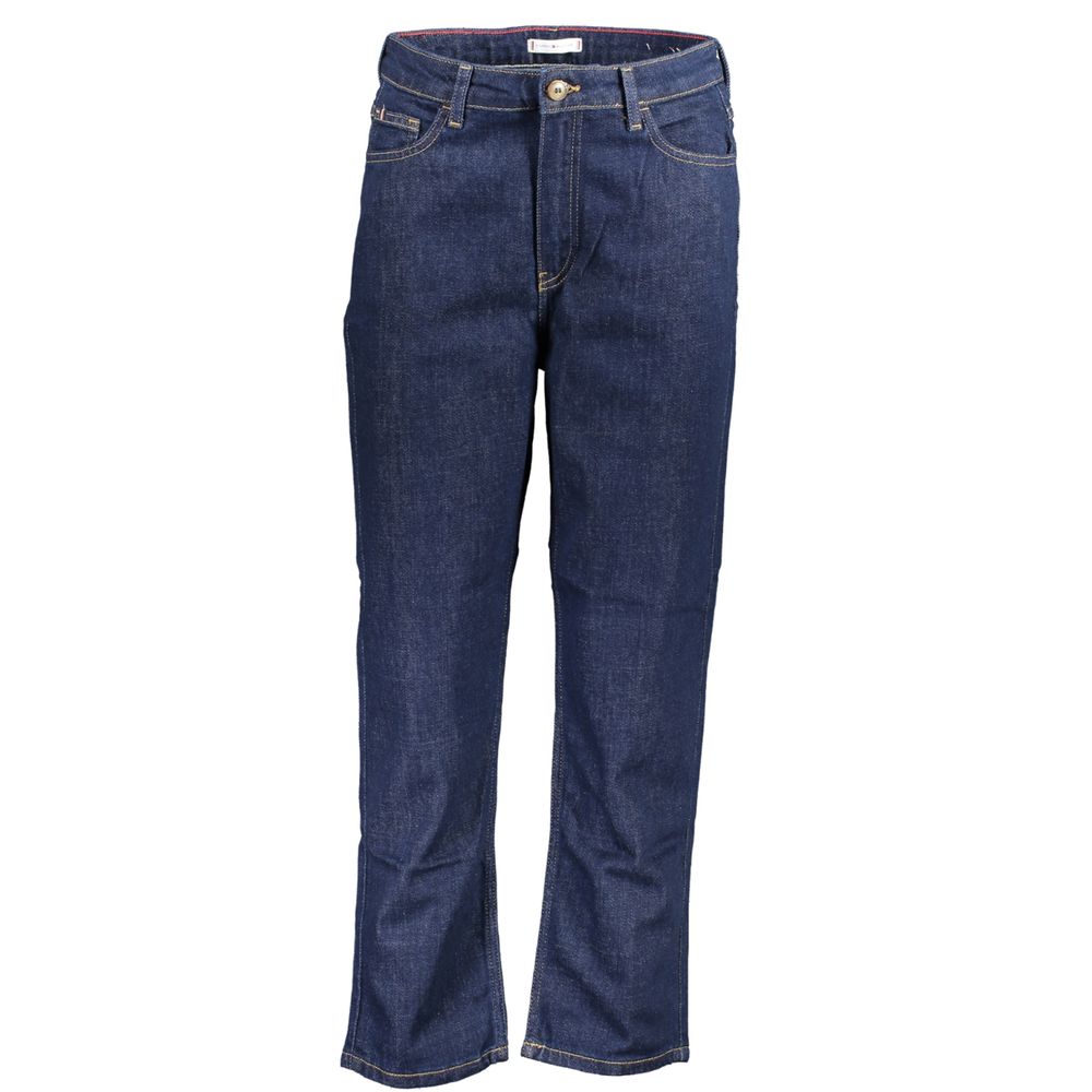 Jeans pour femmes Tommy Hilfiger en coton bleu, coupe classique avec détails de couture visibles.