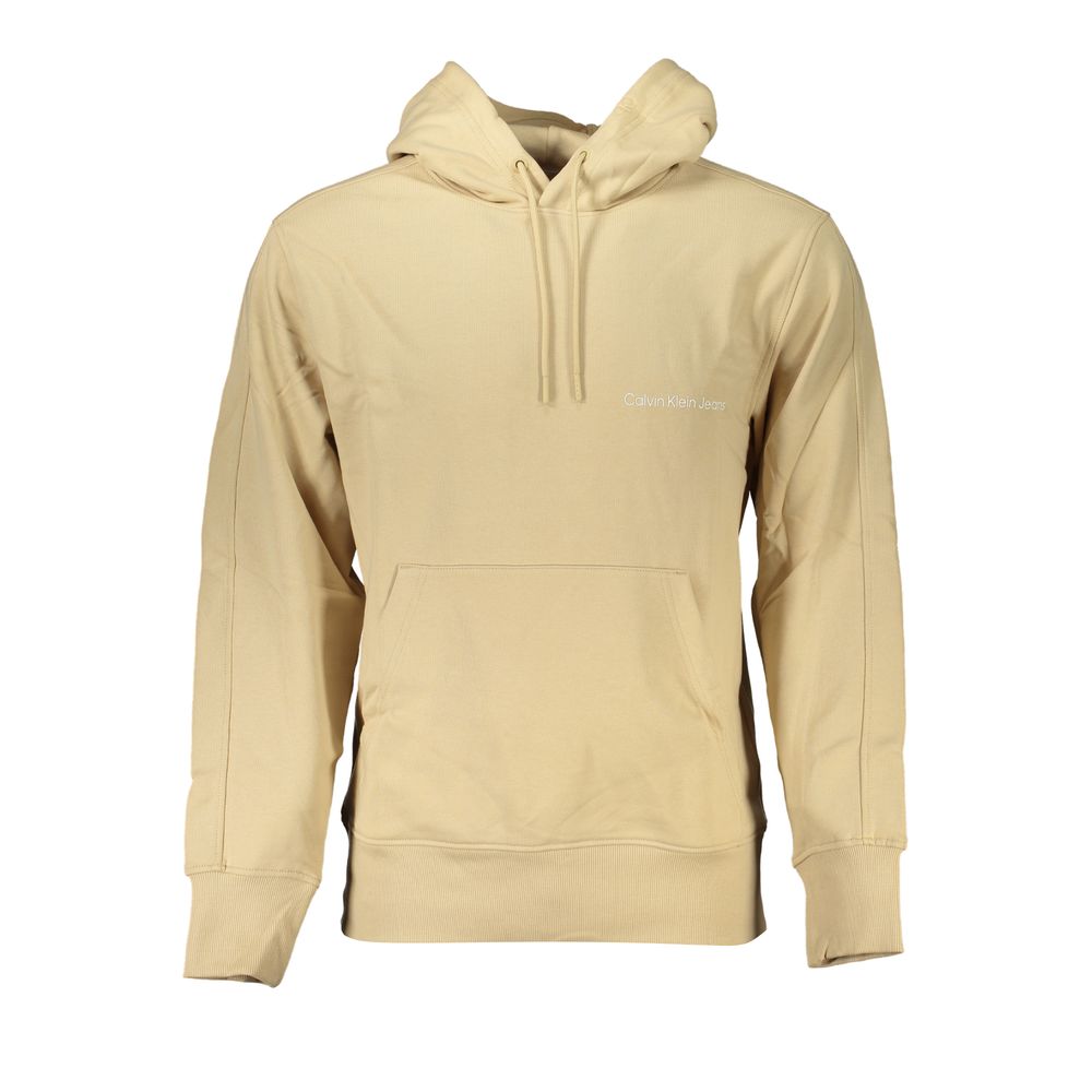 Pull homme beige en coton de Calvin Klein, col rond, manches longues, texture douce et confortable visible sur l'image.