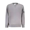 Pull homme gris en coton de Calvin Klein, détail du col rond et des manches longues.