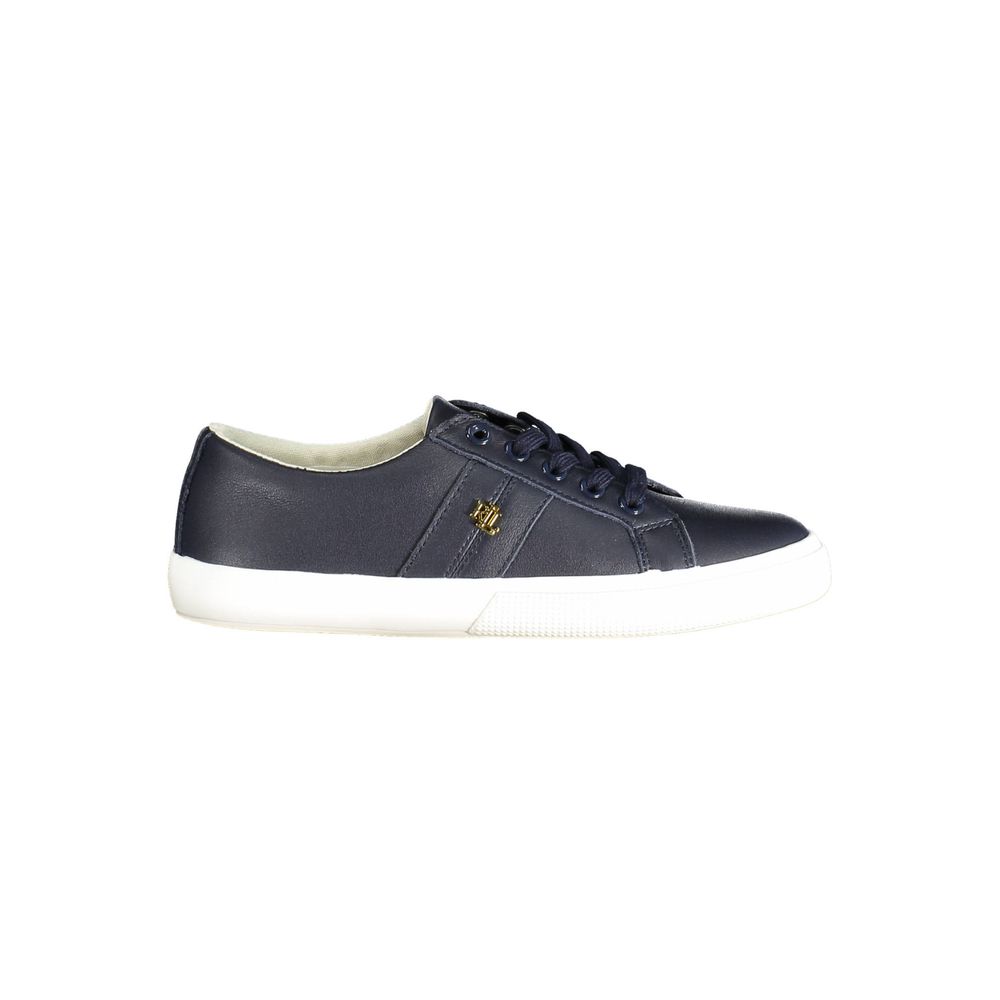 Sneakers pour femmes Ralph Lauren en cuir bleu, élégantes et confortables, avec semelle blanche et design moderne.