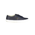Sneakers pour femmes Ralph Lauren en cuir bleu, élégantes et confortables, avec semelle blanche et design moderne.