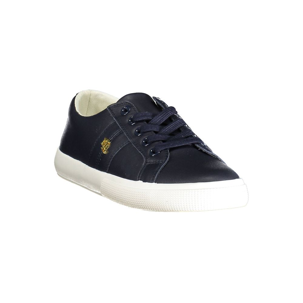 Chaussures Ralph Lauren pour femmes en cuir bleu, sneakers élégants avec semelle blanche et design moderne.