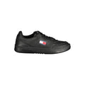 Sneaker pour homme Tommy Hilfiger en polyuréthane noir, style sportif et moderne, vue de face avec détails de la chaussure.