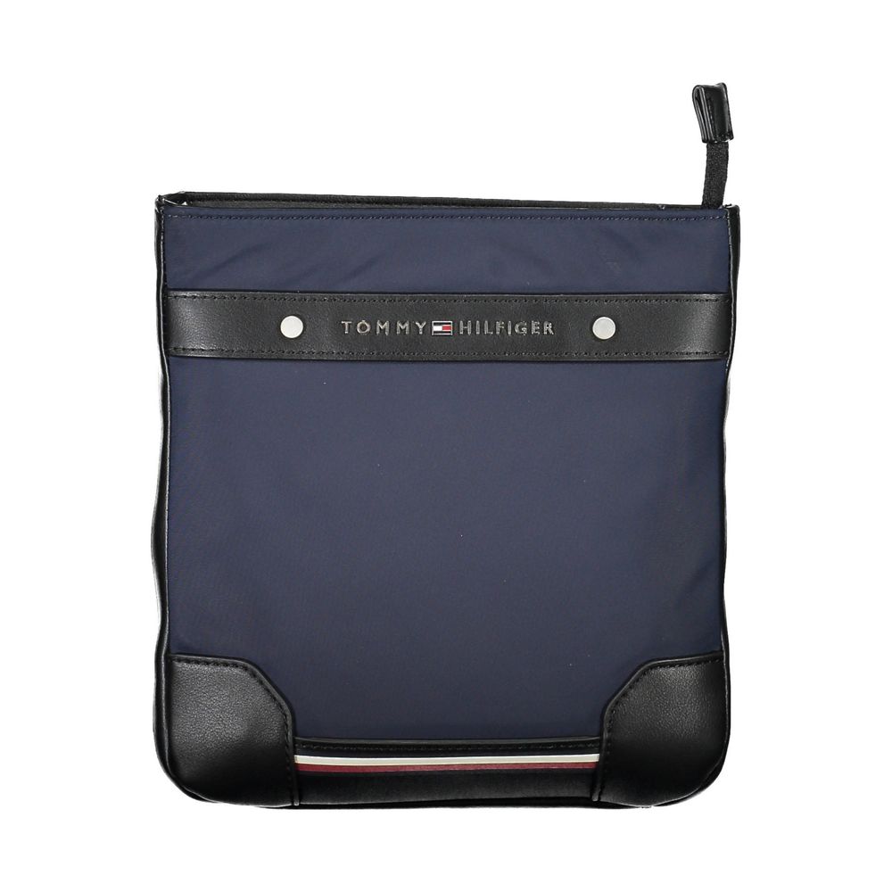 Sac homme Tommy Hilfiger en polyuréthane bleu, sac à bandoulière élégant avec logo emblématique sur le devant.