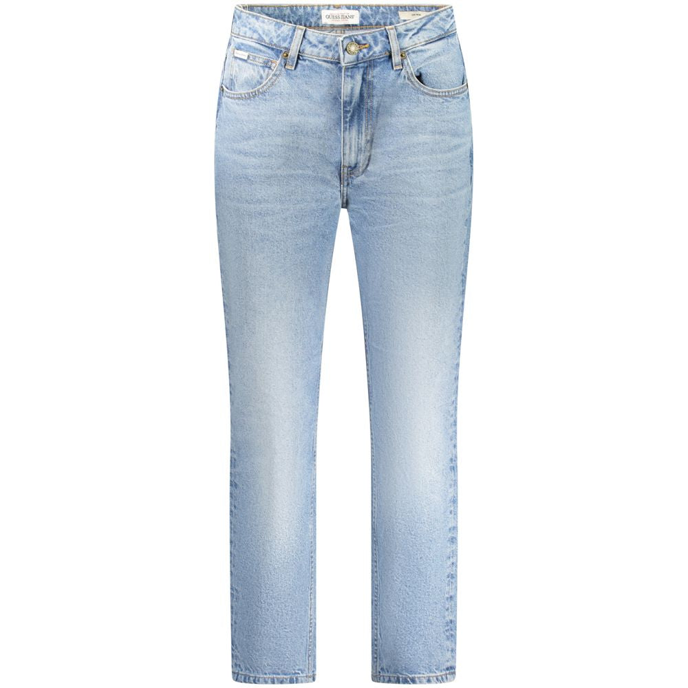 Jeans pour femmes Guess Jeans en coton bleu azur, coupe classique, détails de couture visibles.
