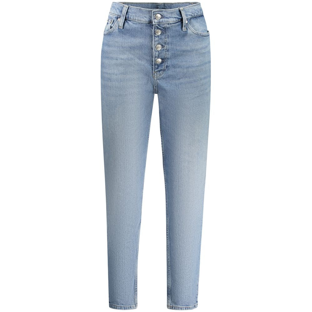 Jeans pour femmes en coton Calvin Klein Azzurro, coupe ajustée, denim bleu clair, détails classiques et étiquette de la marque.