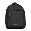 Sac à dos pour homme Tommy Hilfiger en polyester noir avec logo blanc, poche principale et bretelles ajustables.