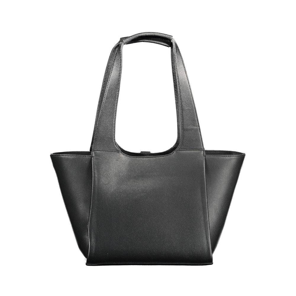 Sac à main pour femmes Tommy Hilfiger en polyuréthane noir, avec poignées et détails élégants visibles.
