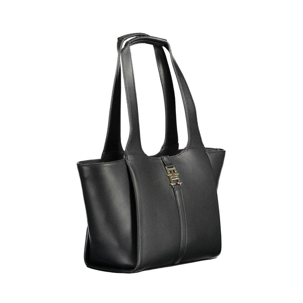 Sac à main pour femmes Tommy Hilfiger en polyuréthane noir, élégant et tendance, avec détails en cuir synthétique.