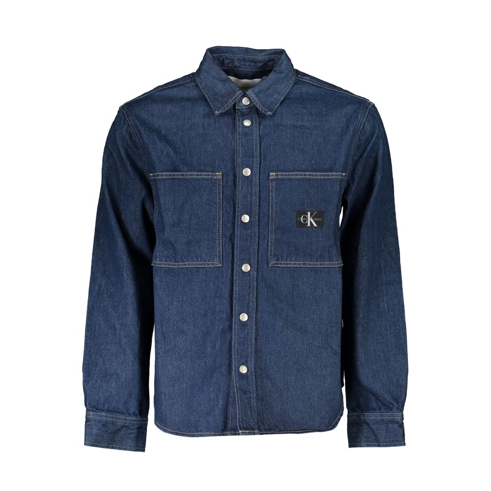 Veste en coton bleue pour homme de la marque Calvin Klein, style décontracté avec col et fermeture éclair visible.