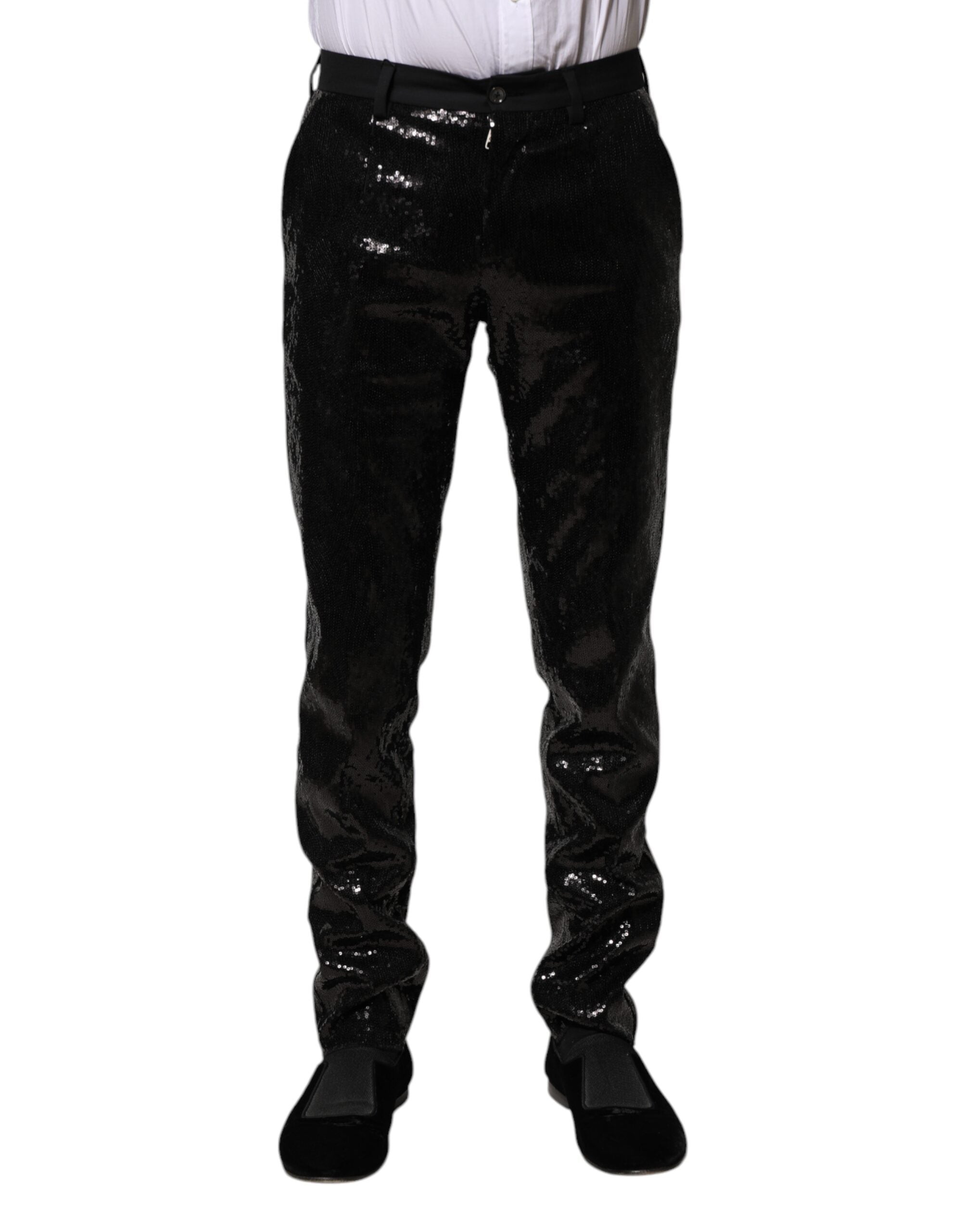 Pantalons noirs Dolce & Gabbana avec embellissements en sequins et détails brillants, élégants et sophistiqués.