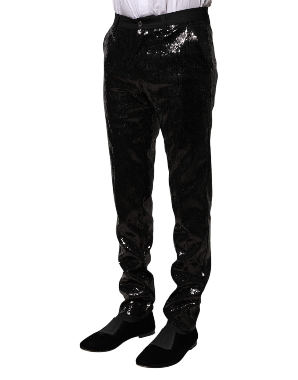 Pantalon noir Dolce & Gabbana avec embellissements en sequins brillants et détails ornementaux élégants.