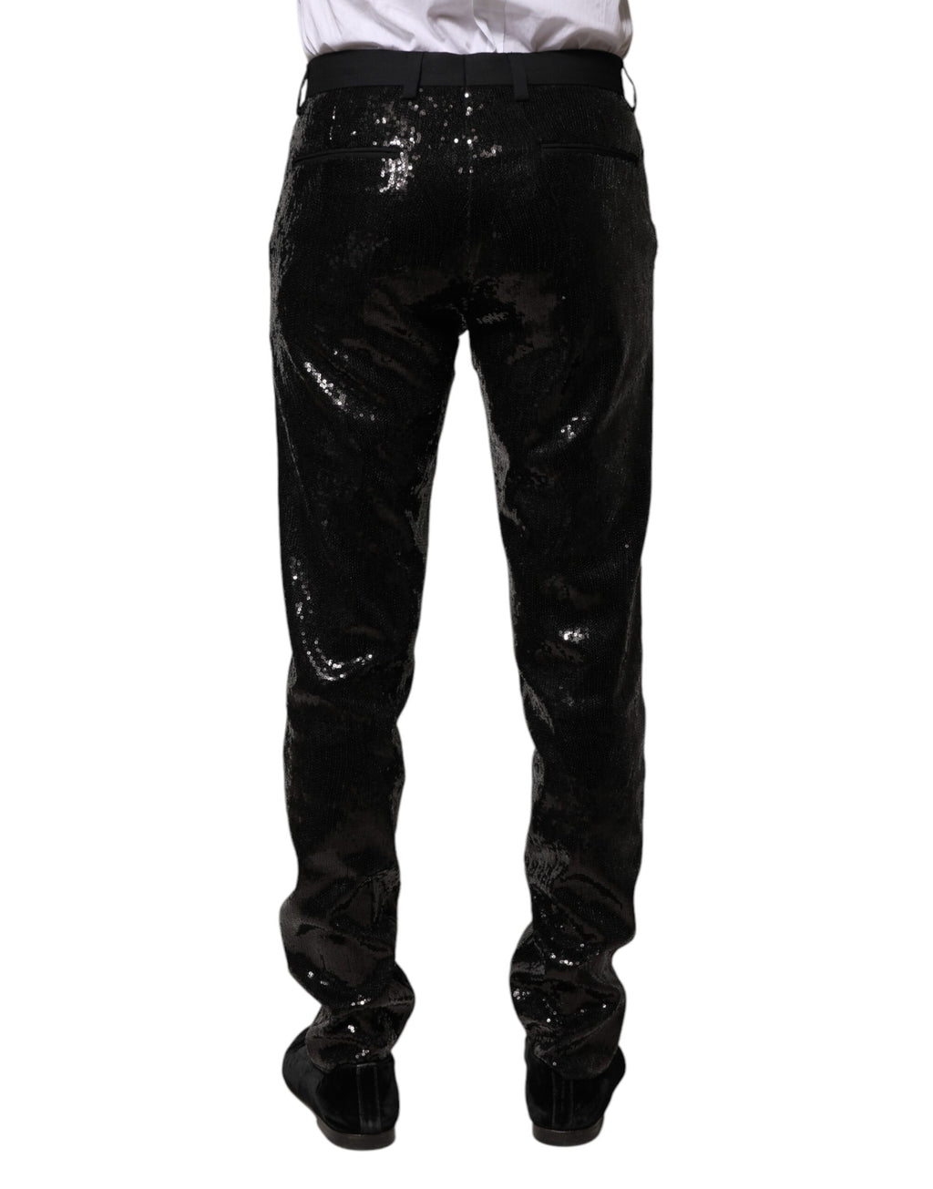 Pantalons noirs Dolce & Gabbana avec embellissements en sequins brillants et détails sophistiqués.
