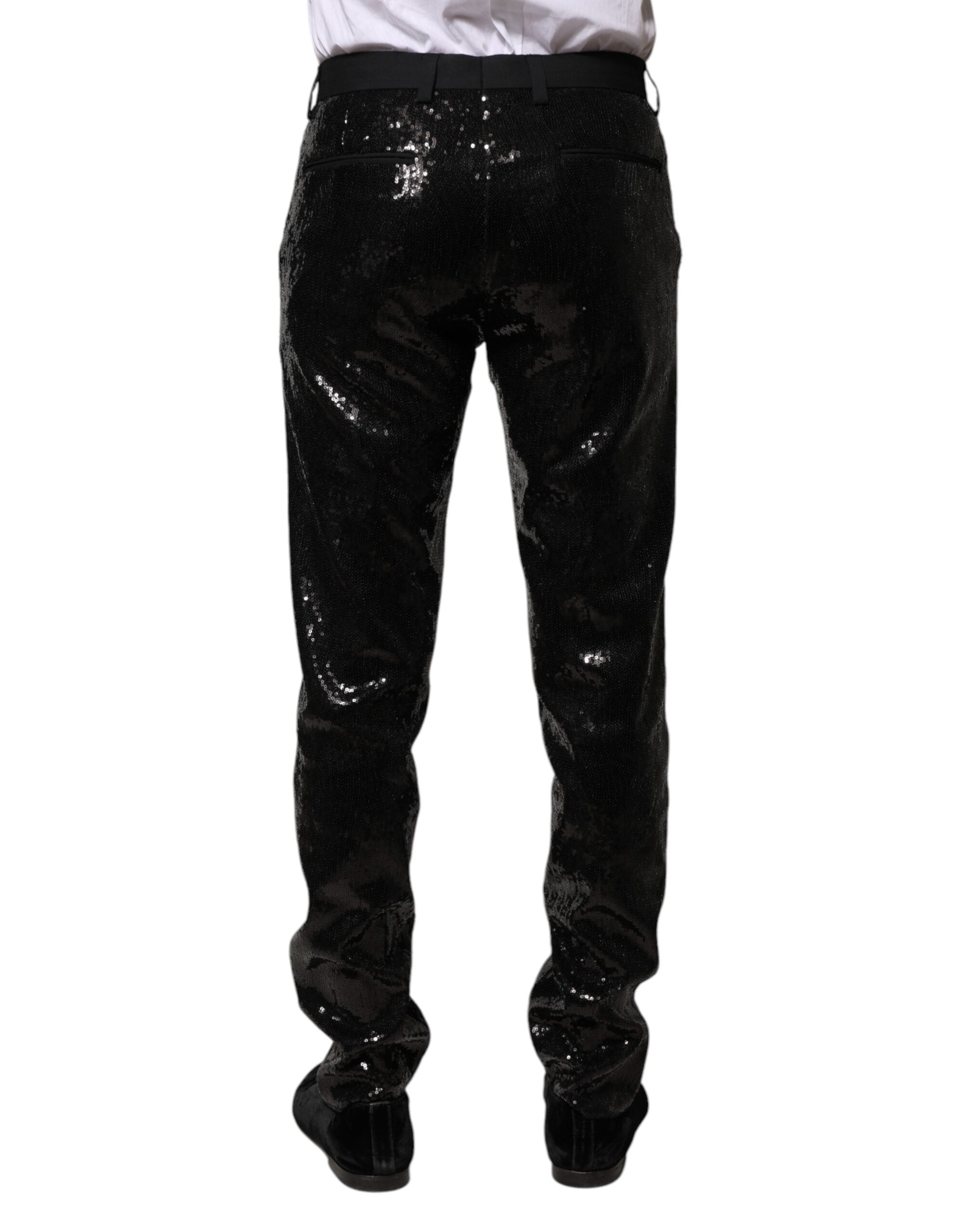 Pantalons noirs Dolce & Gabbana avec embellissements en sequins brillants et détails sophistiqués.