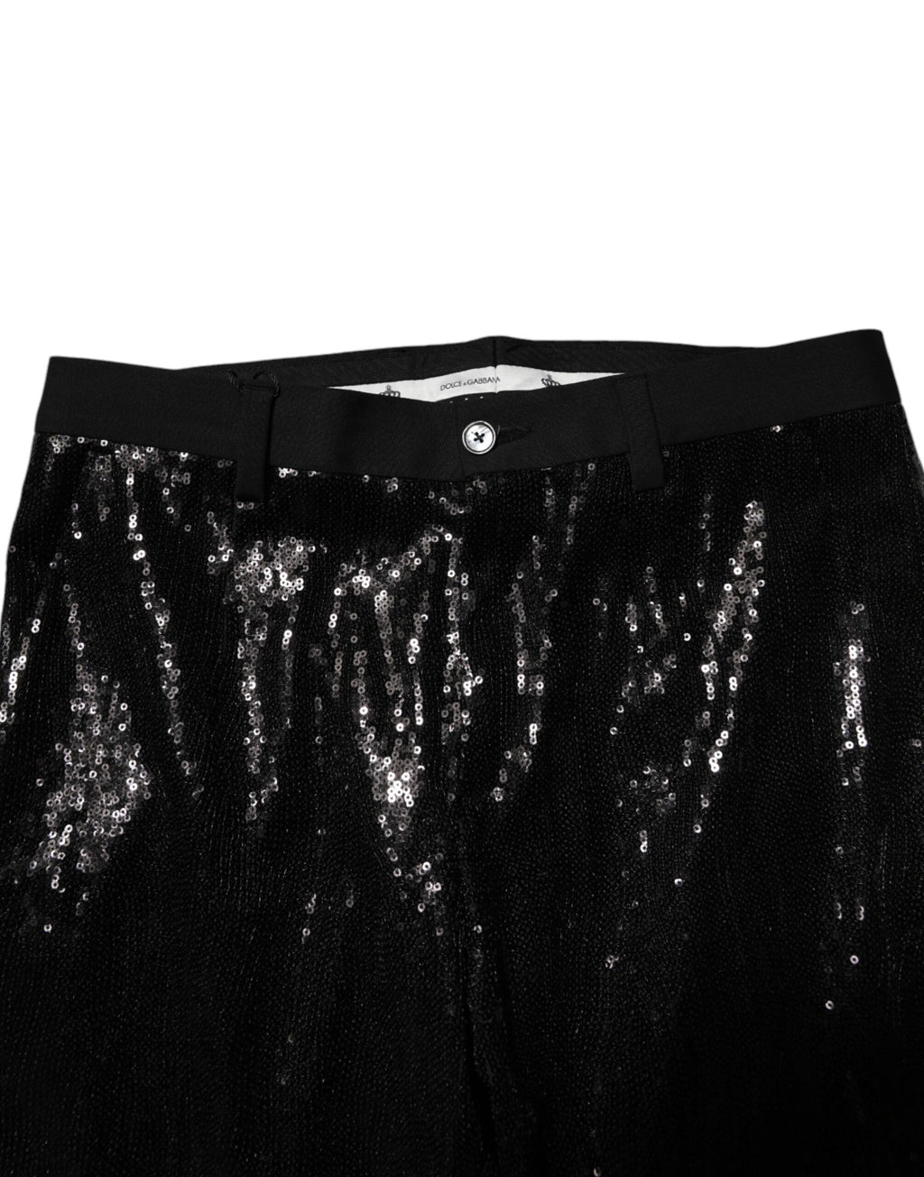 Pantalons noirs Dolce & Gabbana avec embellissements en sequins, style élégant et sophistiqué, vue de face.