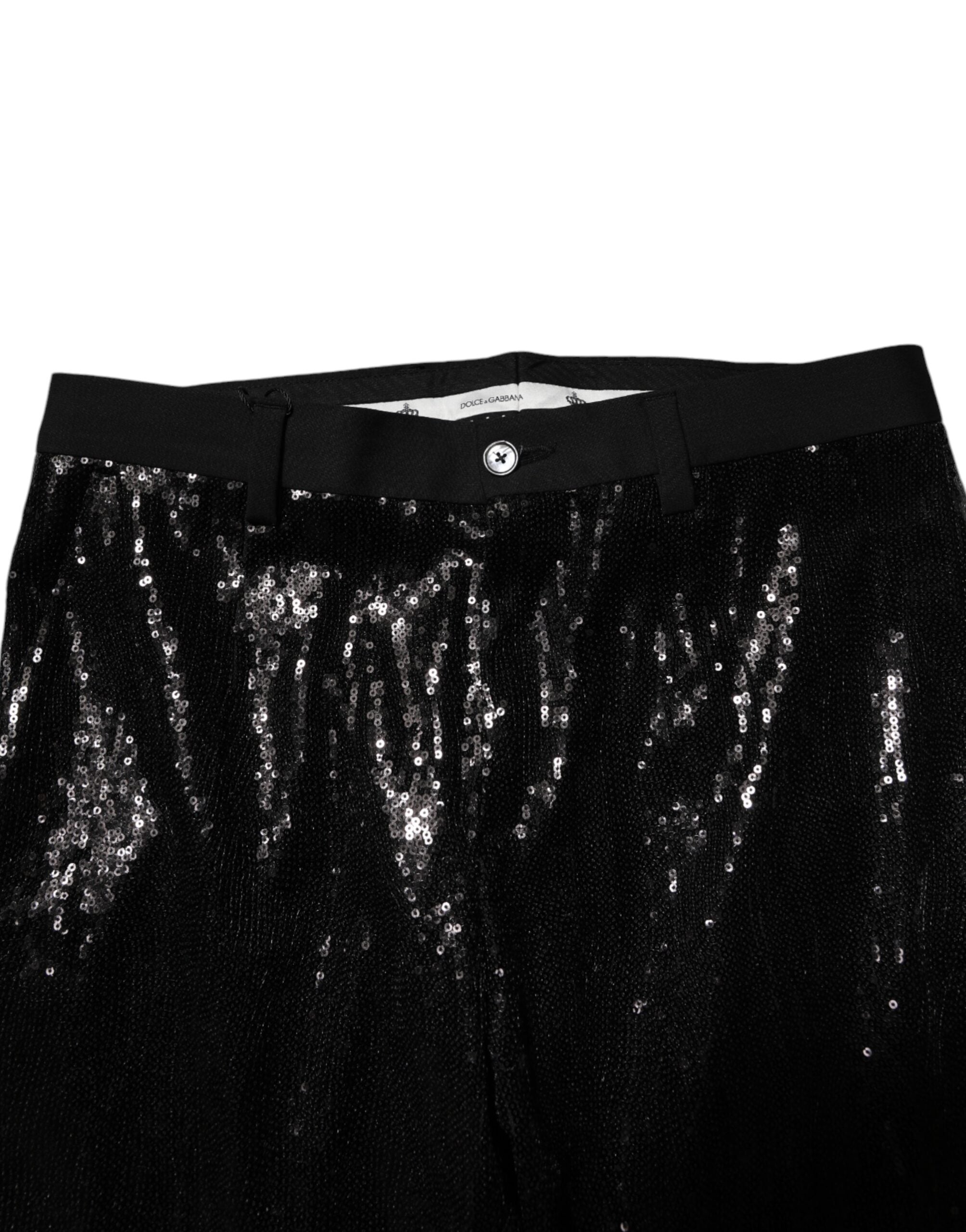 Pantalons noirs Dolce & Gabbana avec embellissements en sequins, style élégant et sophistiqué, vue de face.