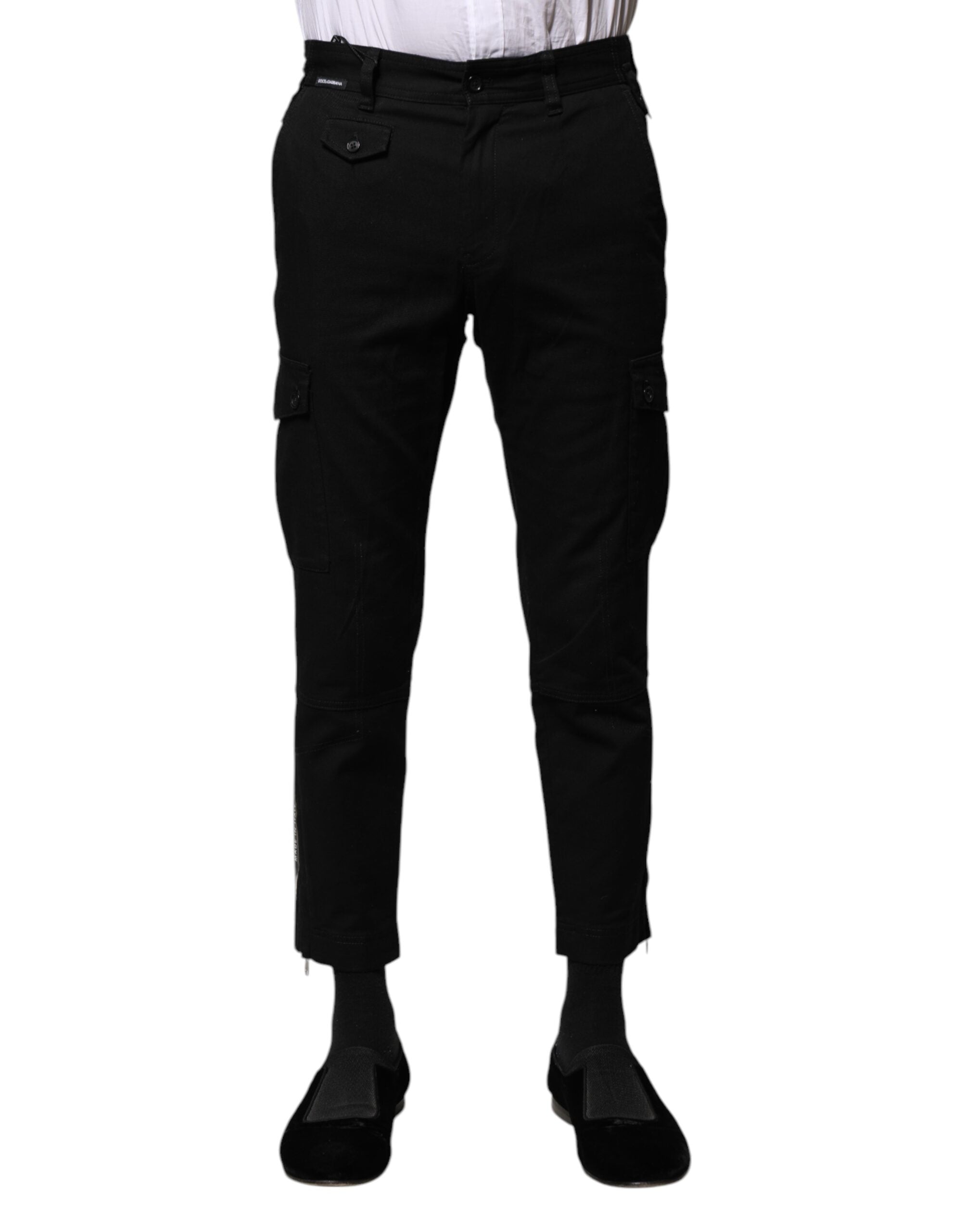 Pantalons formels pour hommes en coton noir de Dolce & Gabbana, coupe cropped, avec détails élégants.