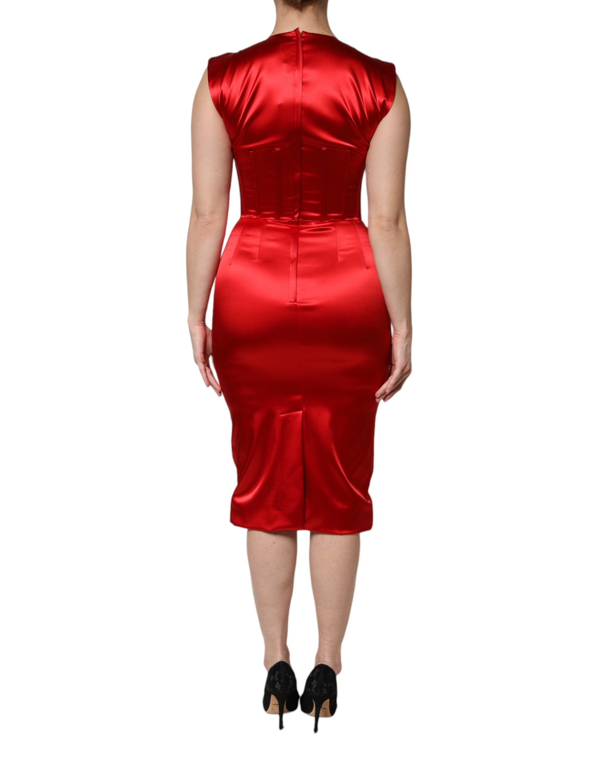 Robe midi sans manches en acétate rouge de Dolce & Gabbana, coupe ajustée et élégante, vue de face.