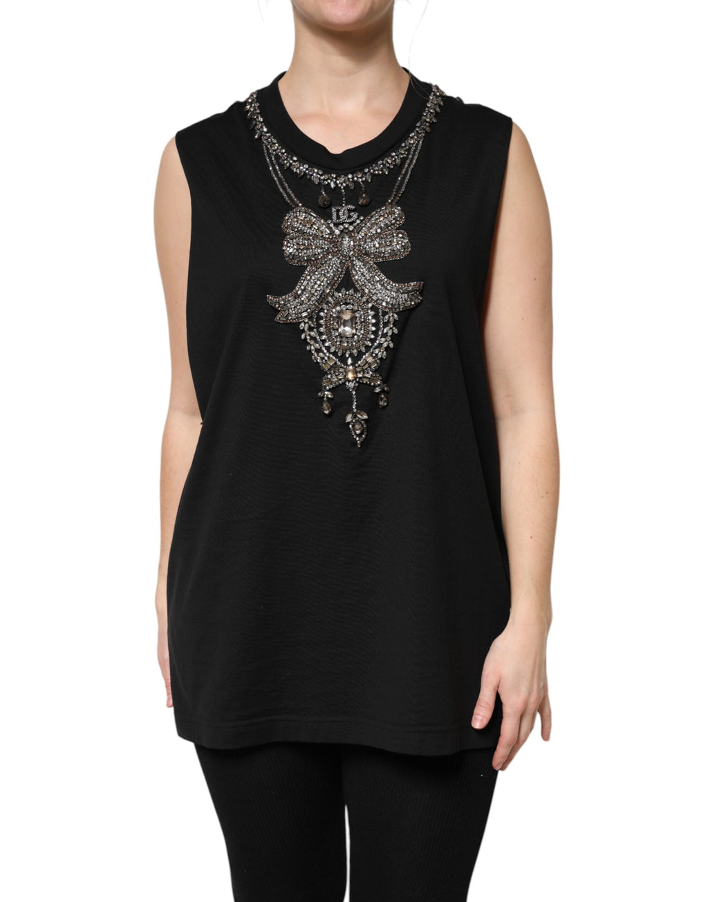 Débardeur noir en coton Dolce & Gabbana avec embellissements en strass, détail de la texture et du tissu visible.