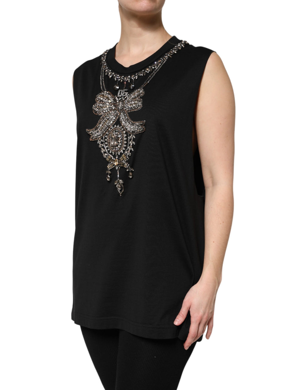 Débardeur noir en coton Dolce & Gabbana avec embellissements en strass, ajusté et élégant, visible en gros plan.