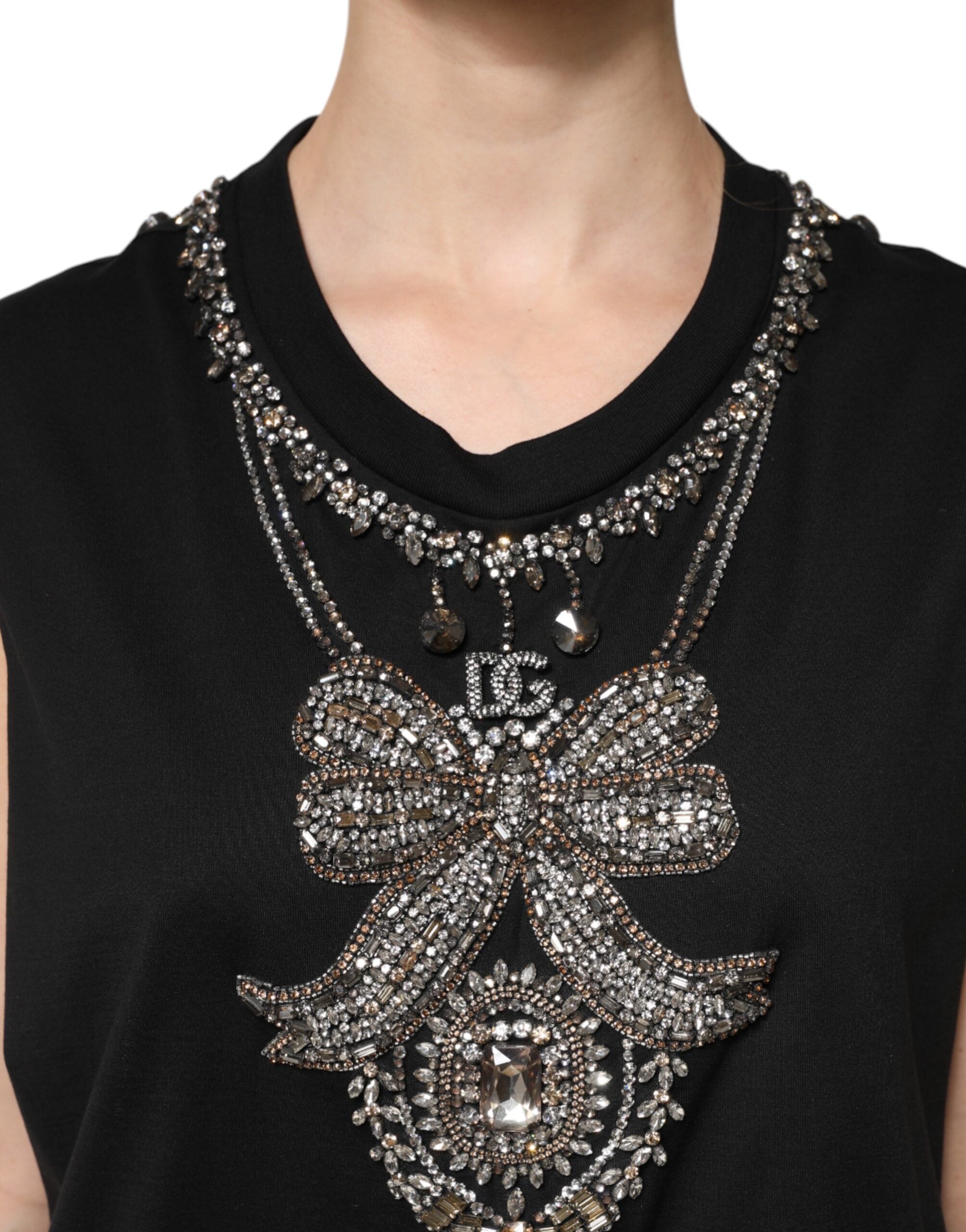 Débardeur en coton noir Dolce & Gabbana avec embellissements en strass et détails élégants.
