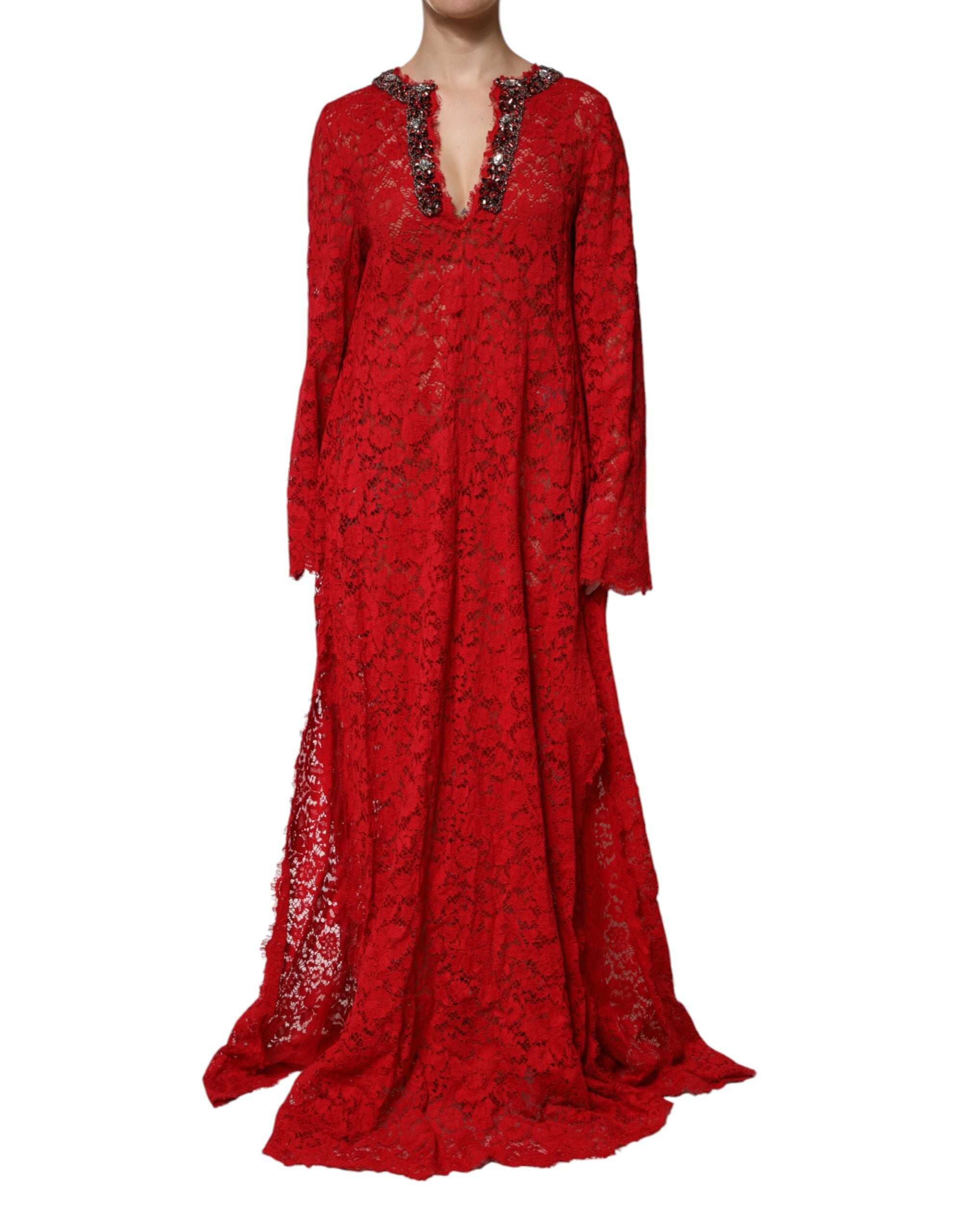 Robe en dentelle florale rouge Dolce & Gabbana avec embellissements en strass et détails élégants.