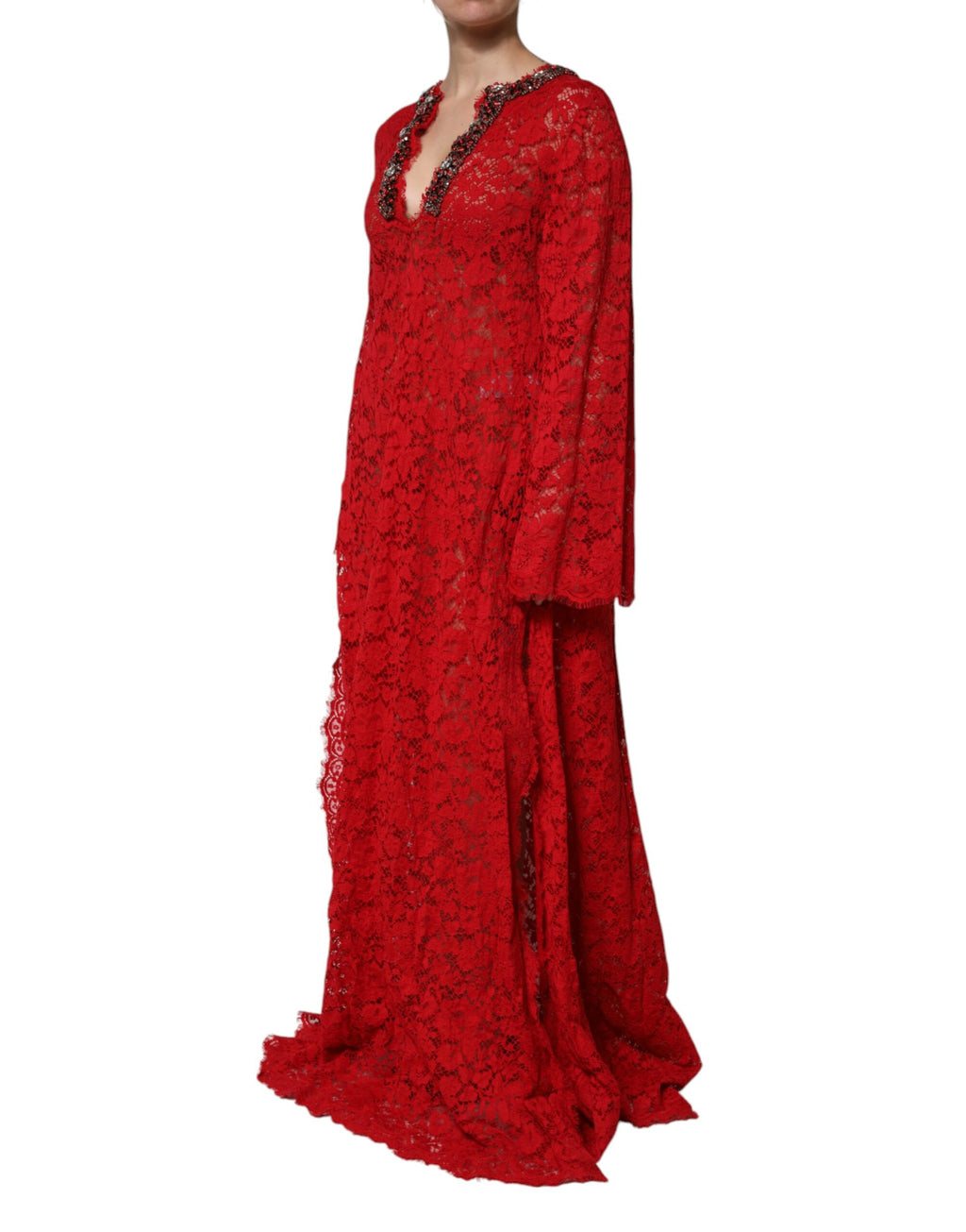 Robe Dolce & Gabbana rouge à fleurs en dentelle ornée de strass, élégante et sophistiquée.