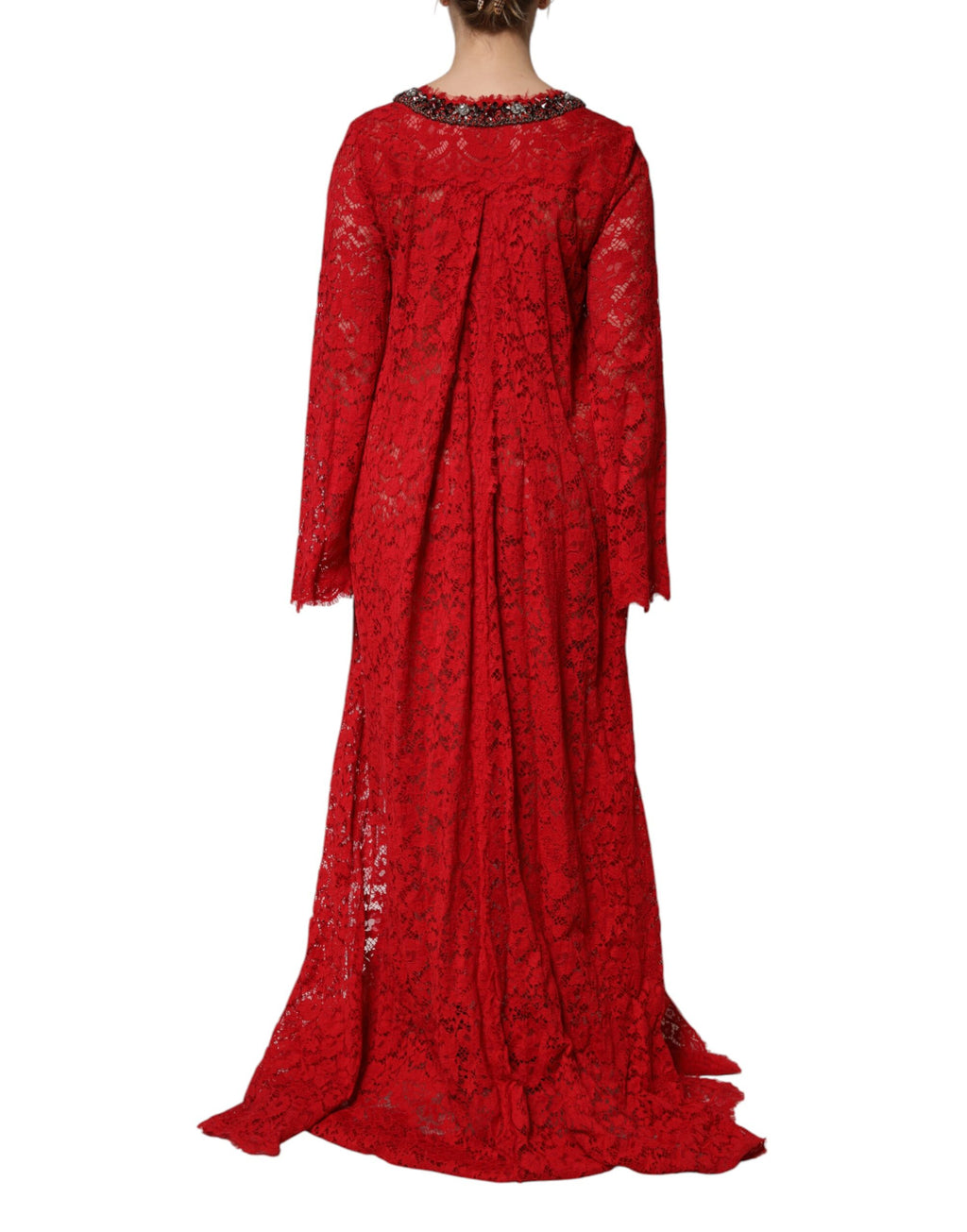 Robe en dentelle florale rouge de Dolce & Gabbana avec strass et embellissements, élégante et sophistiquée.