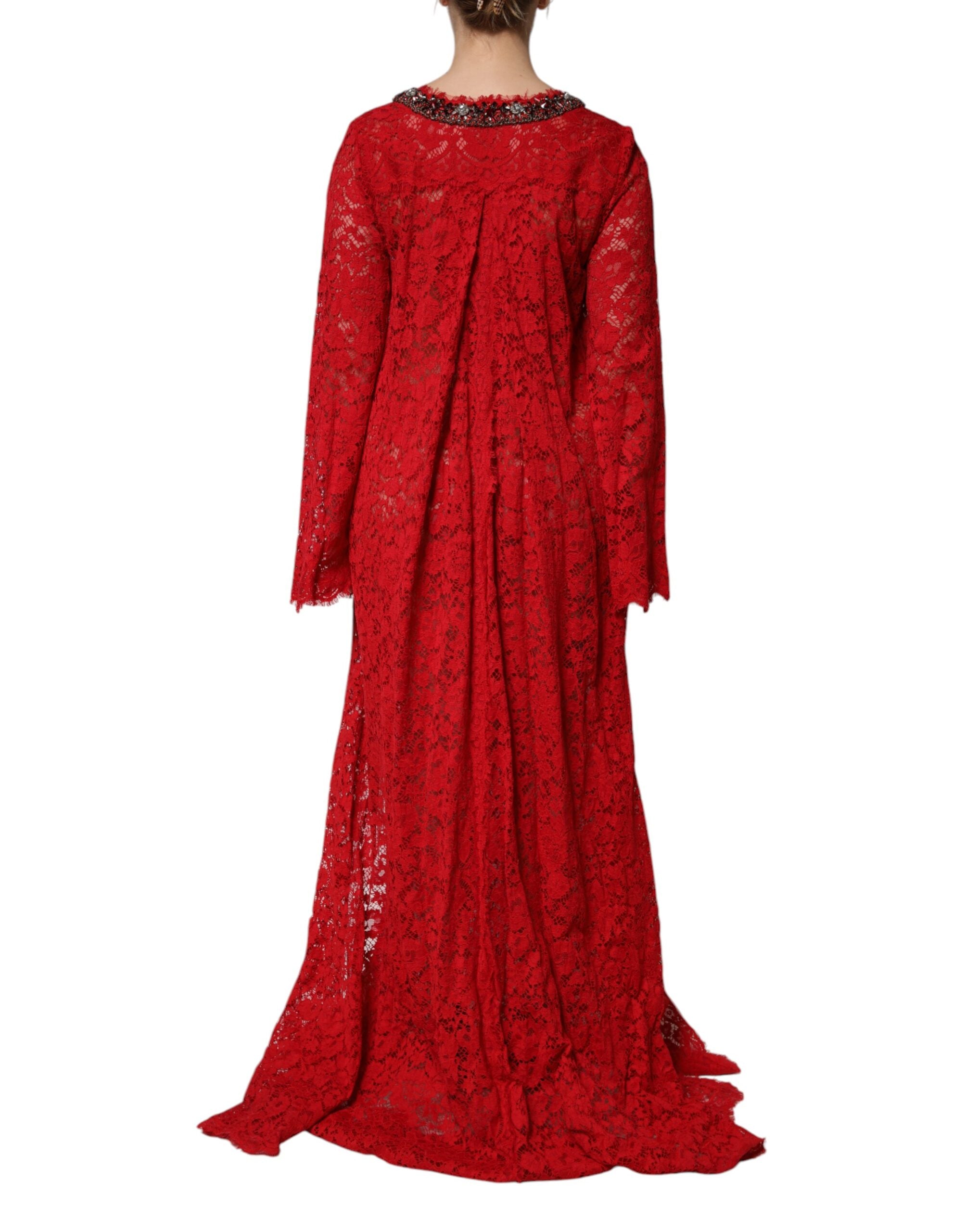Robe en dentelle florale rouge de Dolce & Gabbana avec strass et embellissements, élégante et sophistiquée.