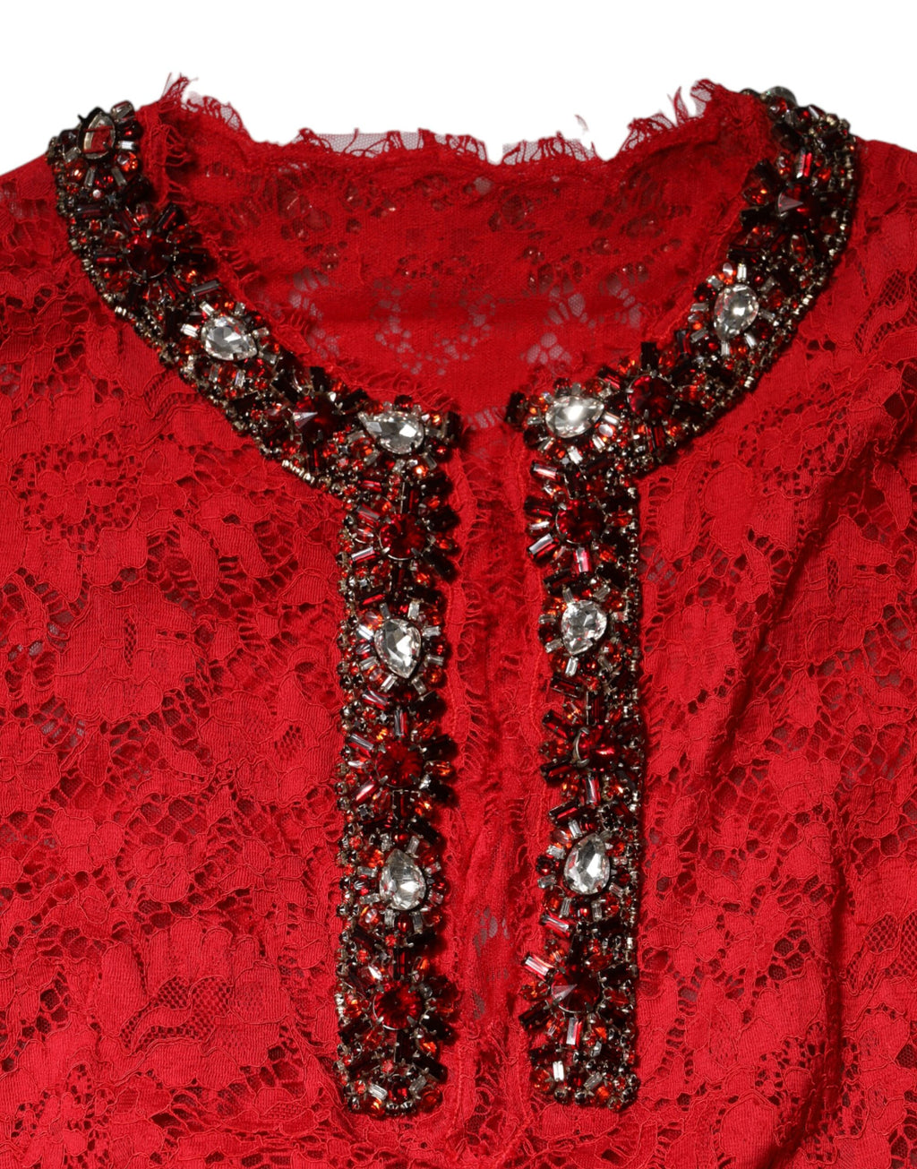 Robe rouge en dentelle florale Dolce & Gabbana avec strass et embellissements en rhinestones, élégante et sophistiquée.