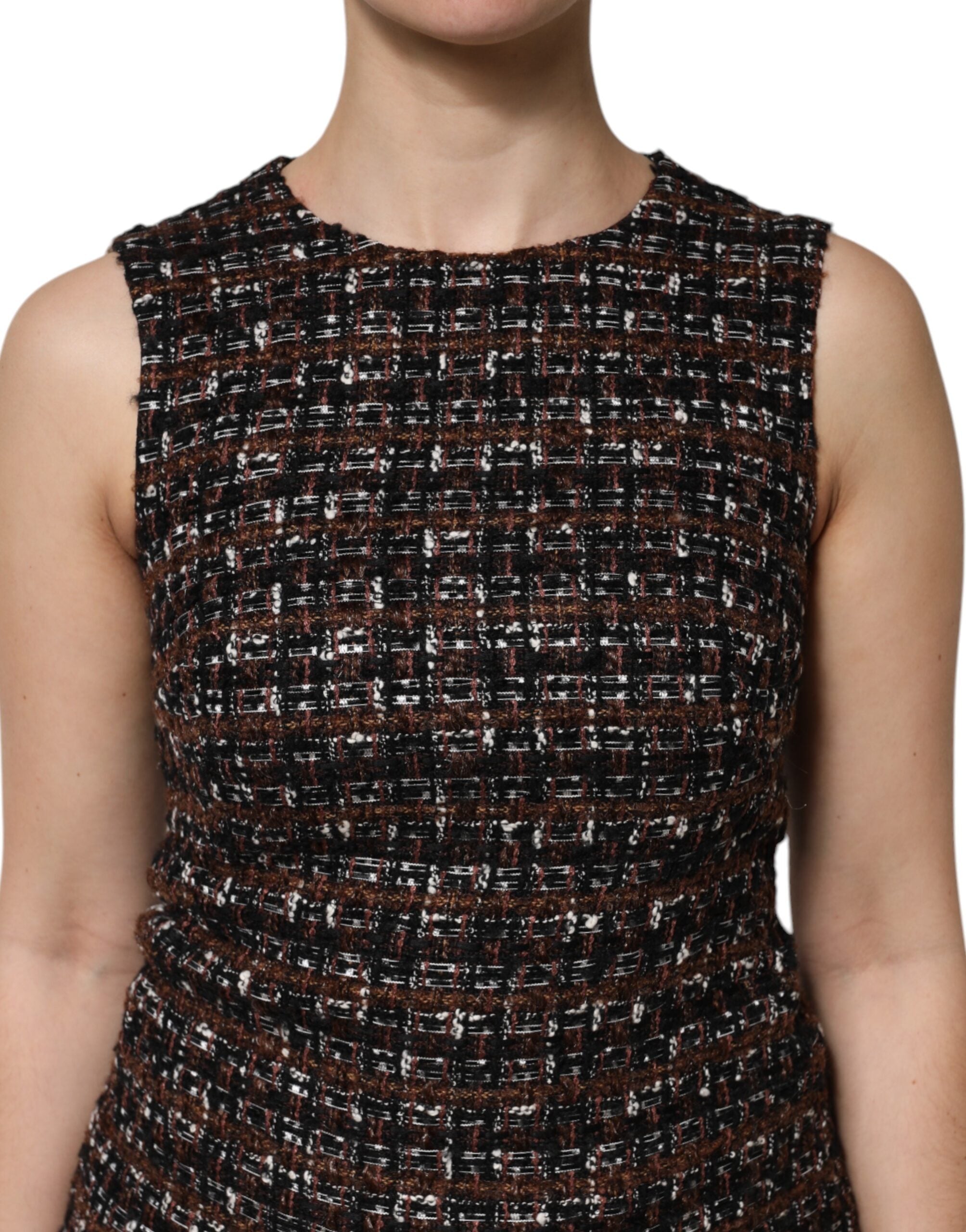 Robe sans manches en tweed multicolore Dolce & Gabbana, coupe mini et style A-line, vue de face.