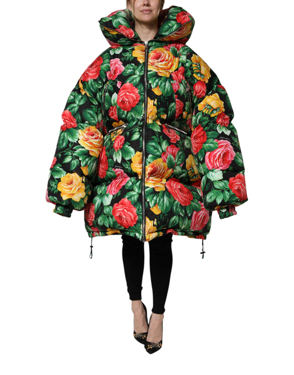 Veste à capuche matelassée Dolce & Gabbana à fleurs multicolores, style puffeur avec design floral vibrant.