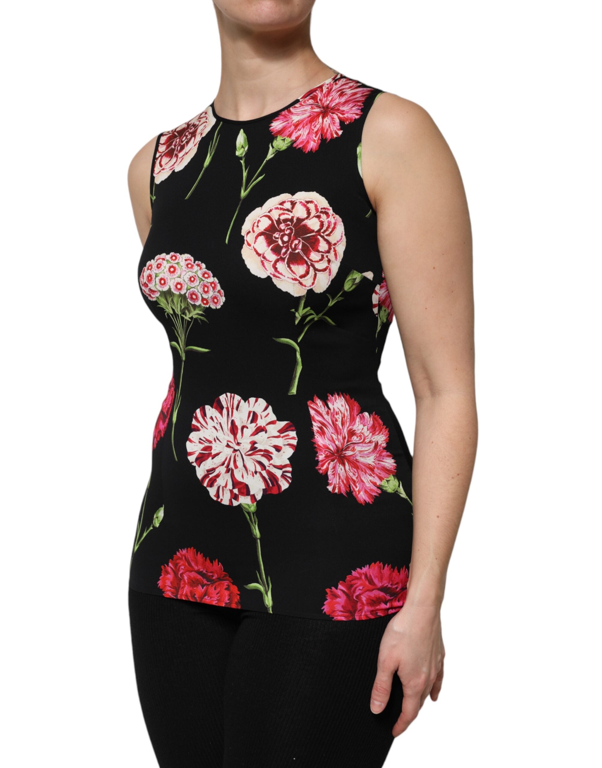 Top sans manches Dolce & Gabbana en coton noir avec imprimé floral, ajusté et élégant, vue de face.
