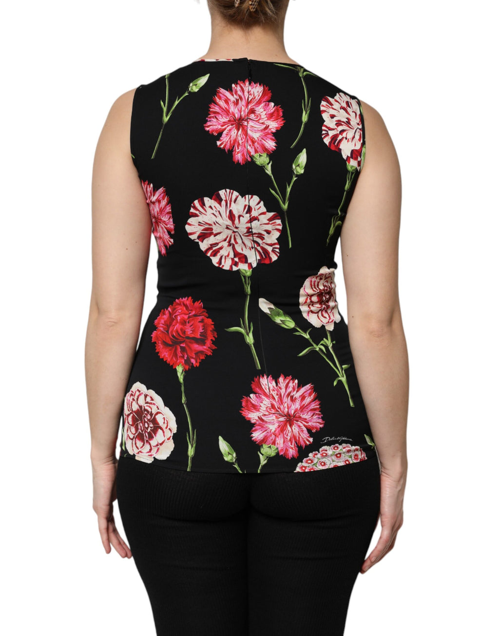Top sans manches Dolce & Gabbana à imprimé floral noir, blouse élégante avec coupe fluide et détails sophistiqués.