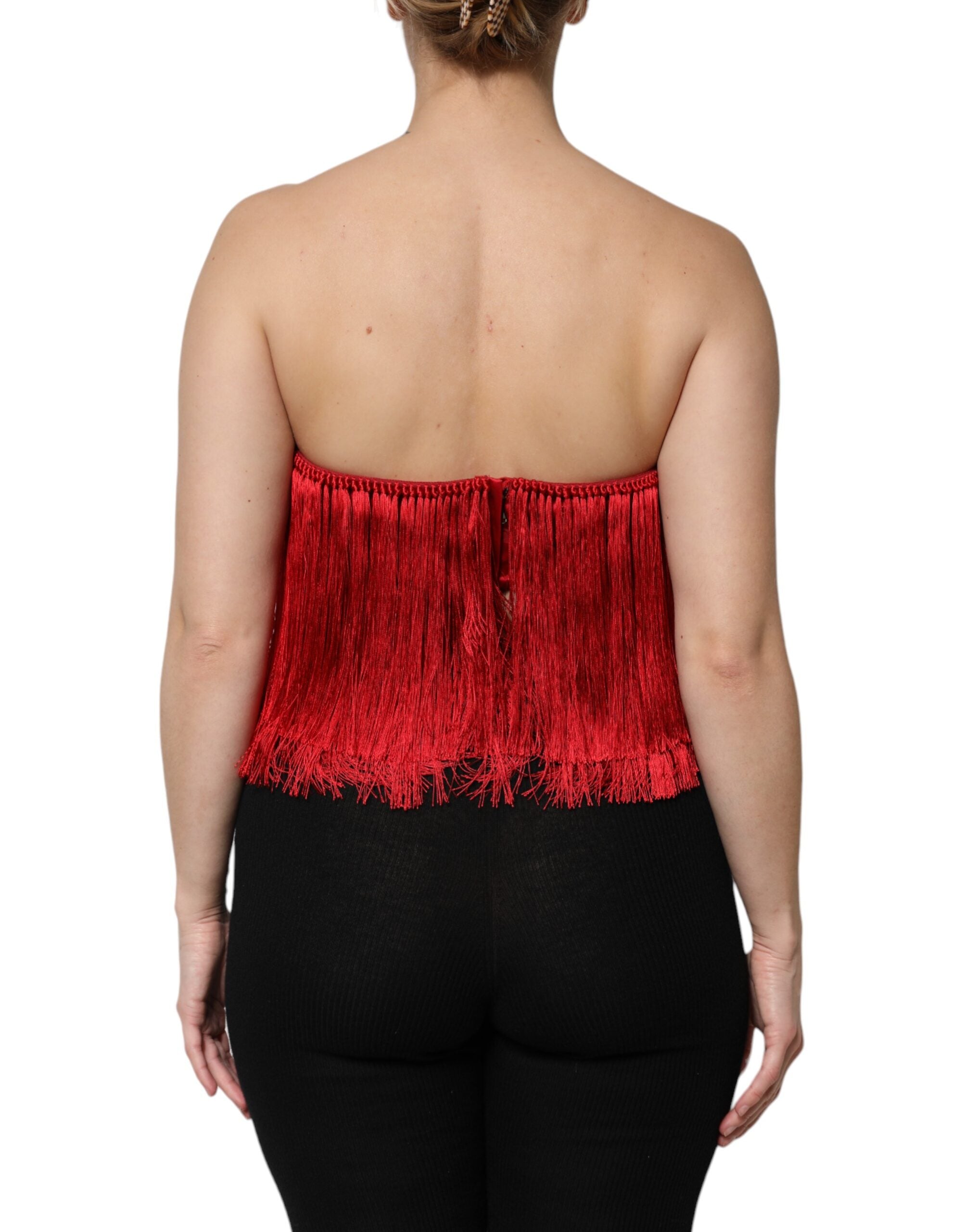 Top court sans bretelles en soie rouge Dolce & Gabbana avec franges, crop top tendance et élégant.