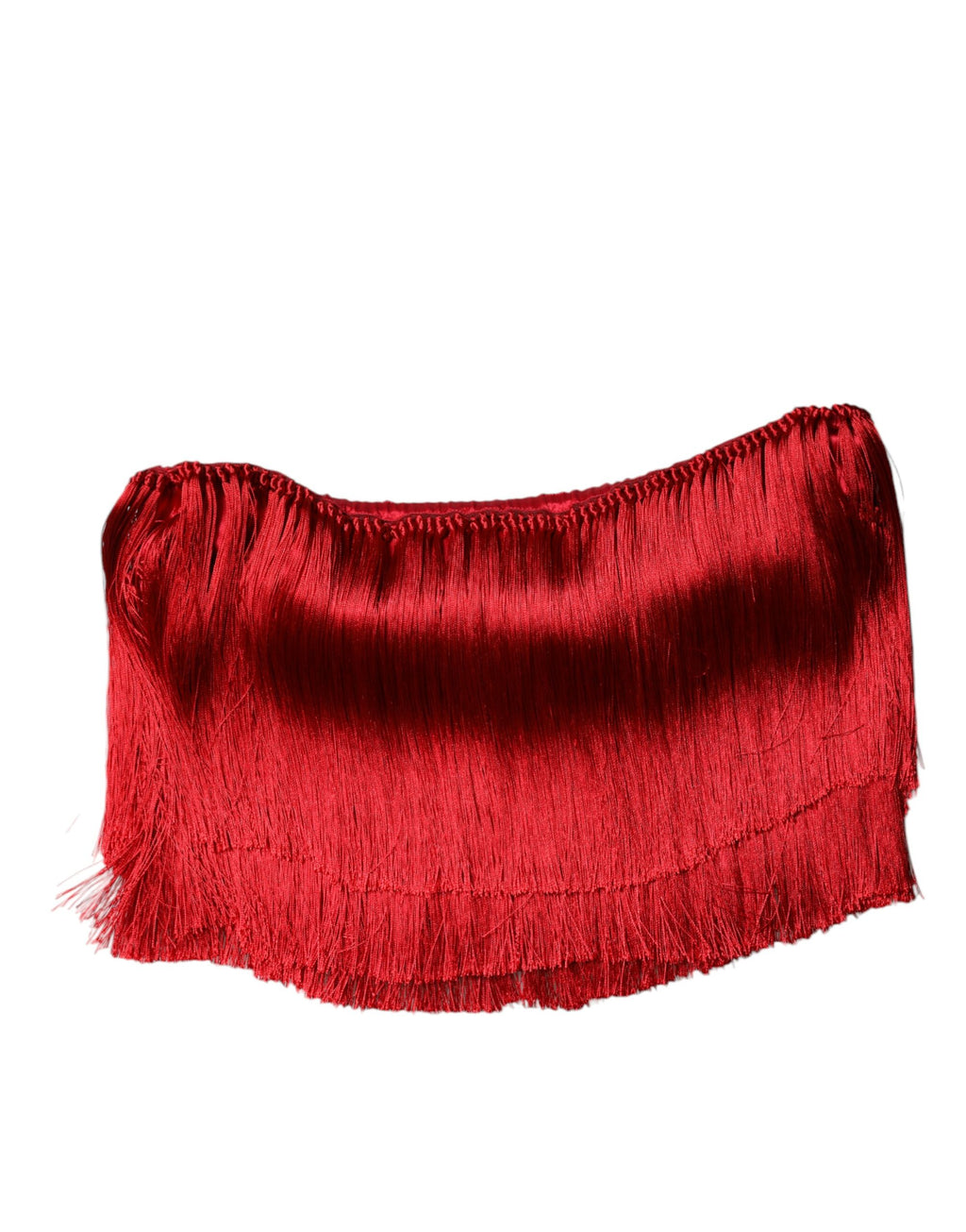 Top court en soie rouge sans bretelles avec franges, taille crop, de la marque Dolce & Gabbana, vue de face.