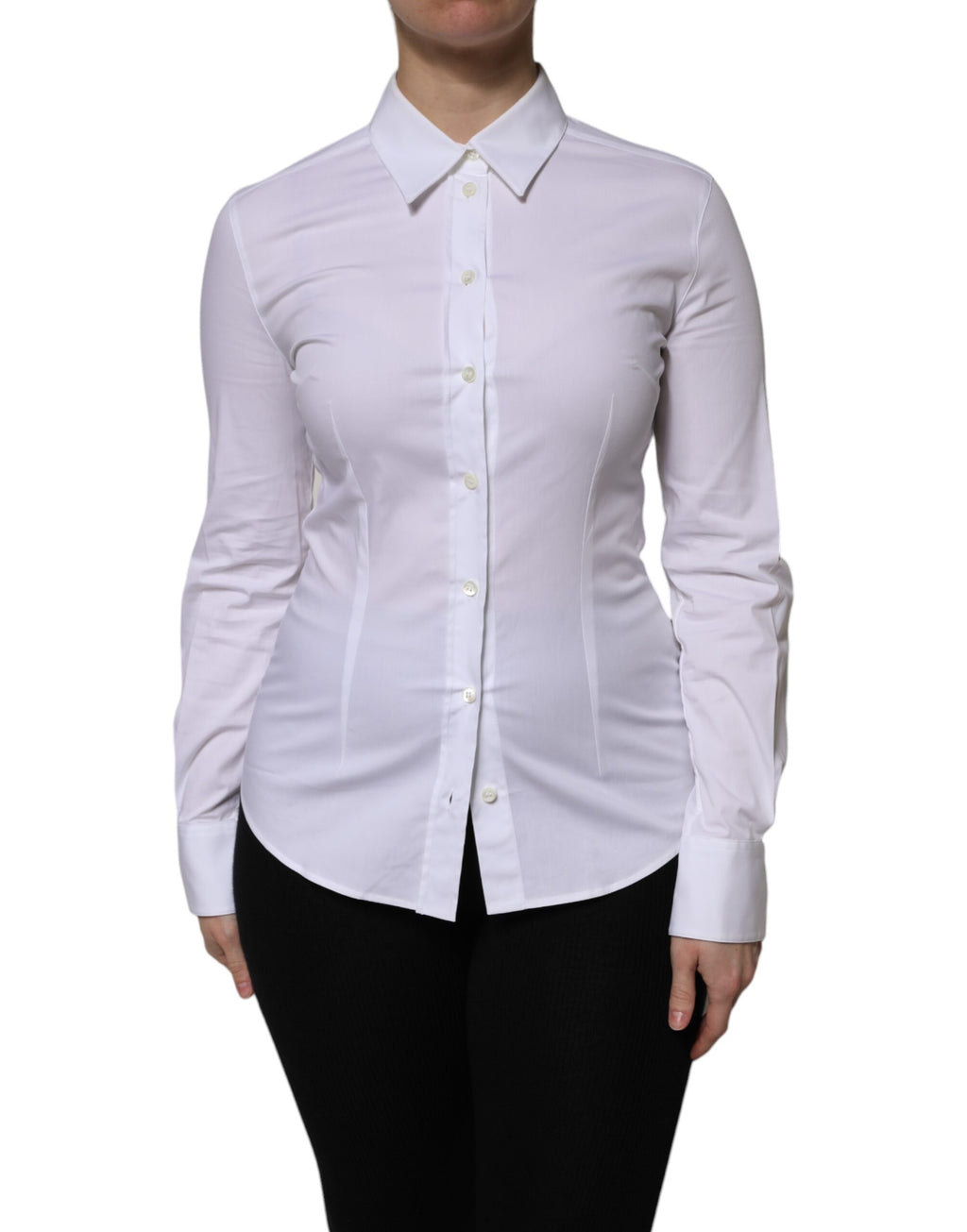 Chemisier blanc en coton à col et manches longues de Dolce & Gabbana, vu de face.