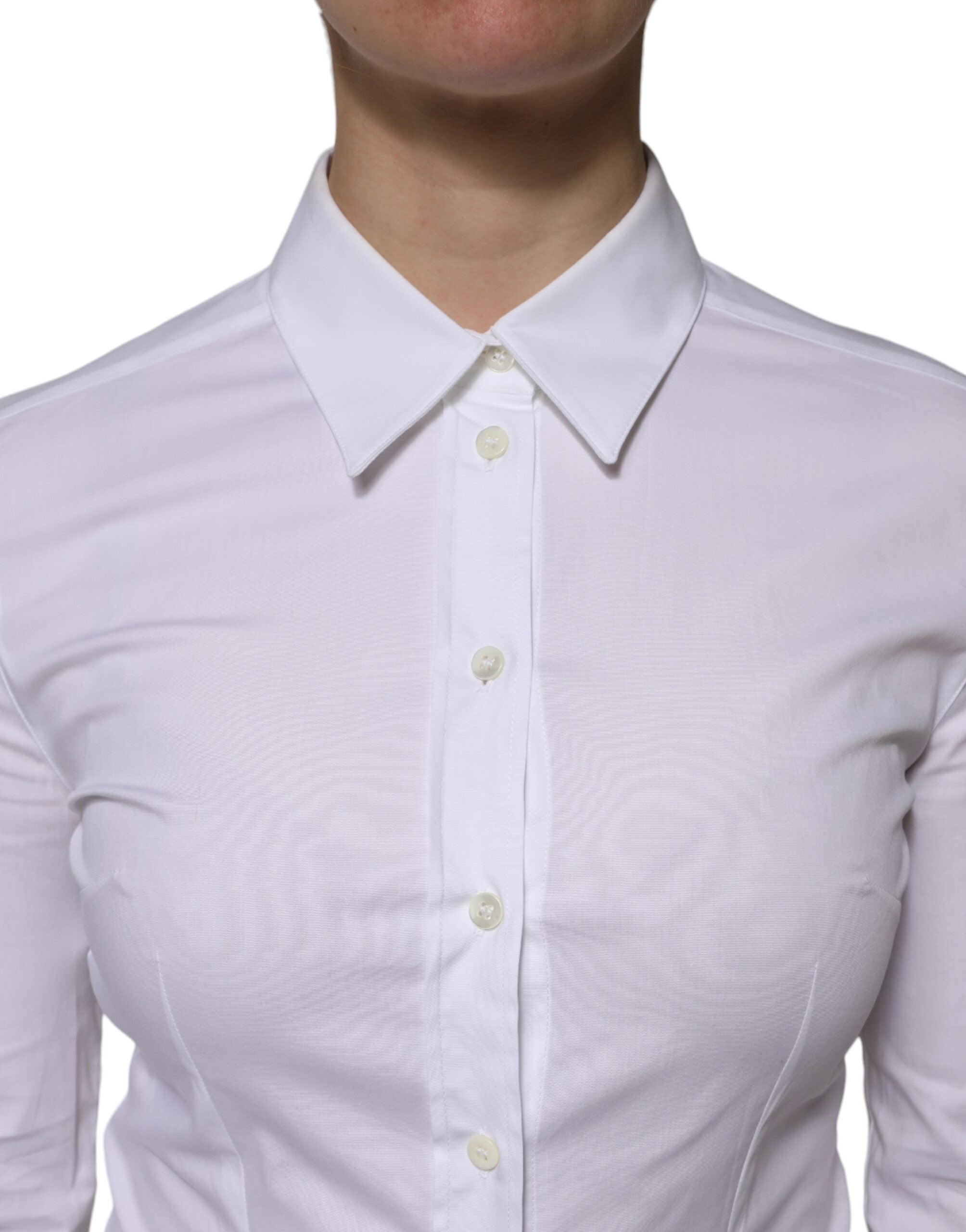 Chemisier blanc en coton Dolce & Gabbana à col montant et manches longues, élégant et classique.