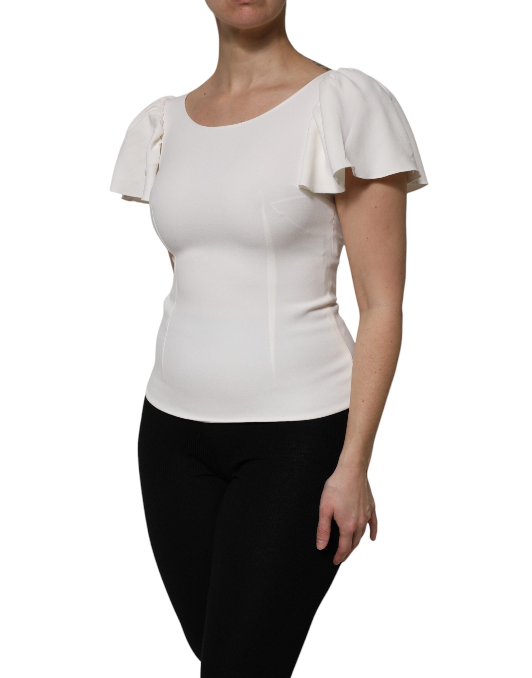 Haut blanc en viscose à col rond et manches courtes de Dolce & Gabbana, vue de face.